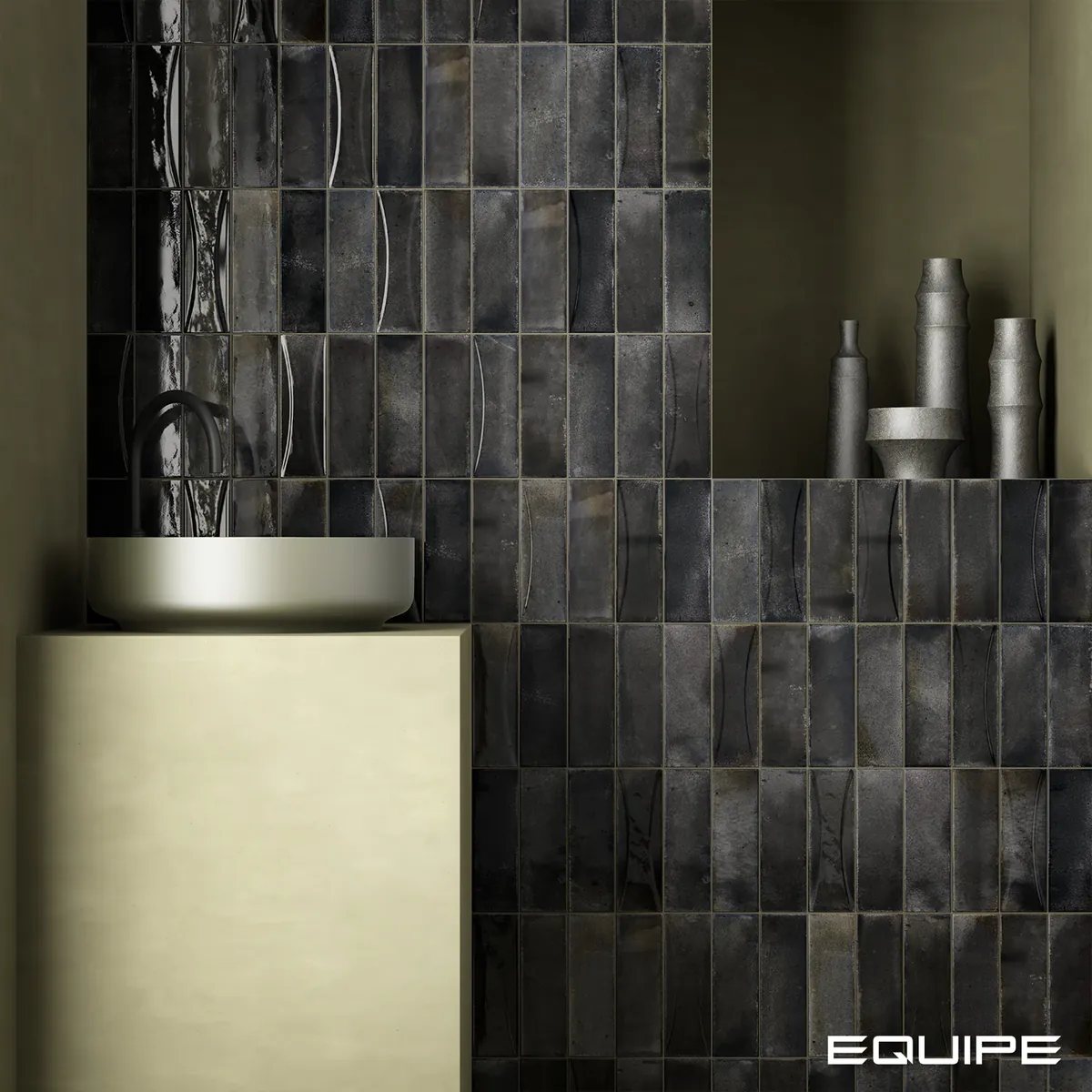 Equipe Hanoi Arco Black Ash fényes csempe 6,5x20 cm